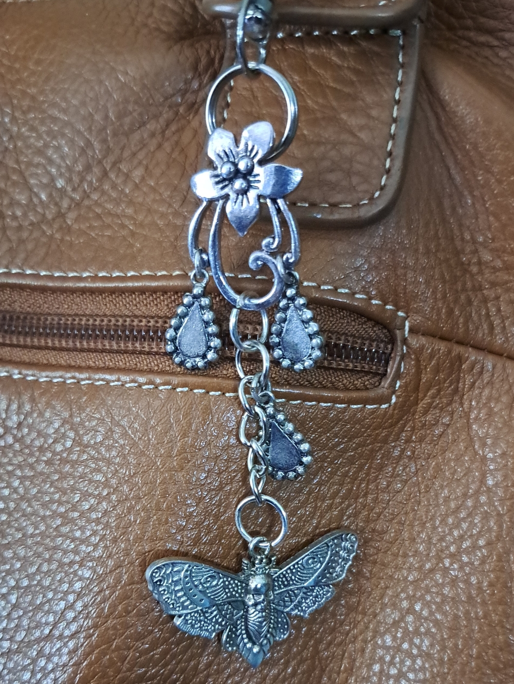 Hand Crafted Silver Floral & Bee Bag Purse Charm Keychain